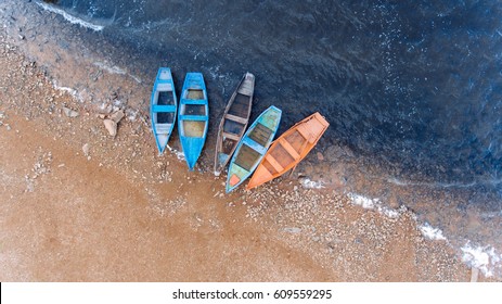 Fishing Boat. The Beautiful Water In A Good Day.Aerial View.Top View.