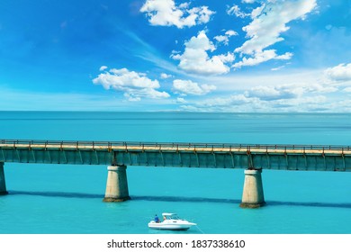 Fishing Boat By A Bridge In Florida Keys, USA