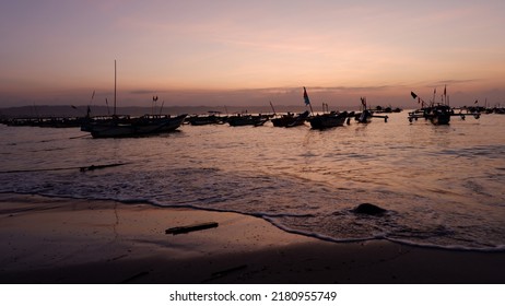 Fishing Boat Leaning After Voyage. East Coast, Pangandaran, Indonesia.