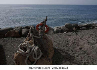 Fishing boat . Lifebuoy, rope. Sea view. - Powered by Shutterstock