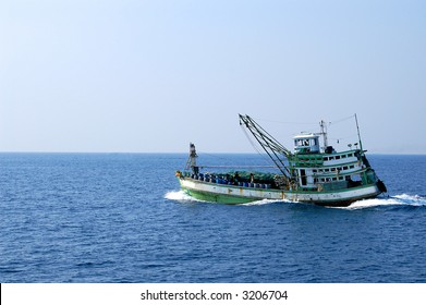 Fishing Boat Moving At Open Sea, Koh Chang Archipelago, Thai Gulf