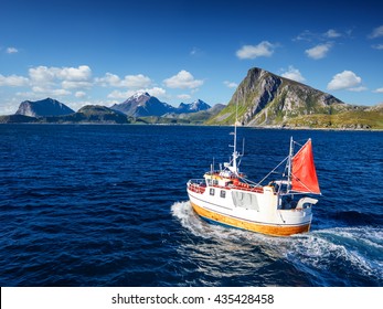 Fishing Boat In Norway Fjord - Sea In Lofoten Amazing Nature.