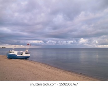 Fishing boat on Baltic Sea coast. Stormy weather. Mechelinki, Poland, Pucka Bay. - Shutterstock ID 1532808767