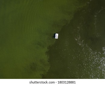 Fishing Boat On Green Water, Aerial Drone View. Algae Bloom In The River, Green Pattern On The Water.