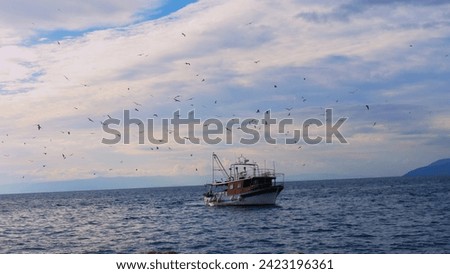 Fishing boat on the sea and flock of birds