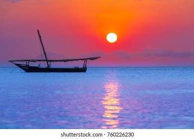 Fishing Boat On Sunset In Zanzibar Tanzania