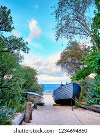 Fishing Boat On The Way To The Beach To The Baltic Sea. Zinnowitz On The Island Of Usedom.