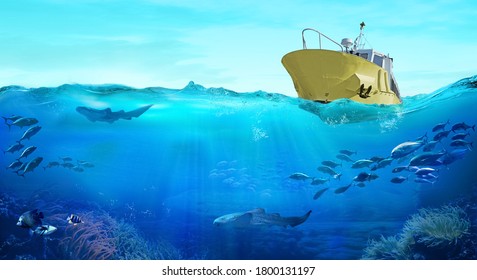 Fishing boat in the sea. Large school of fish in the ocean. Underwater world with sea animals.