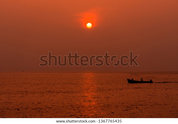 Fishing Boat Silhouette Sunset Background Golden Stock Photo 1367765435 ...