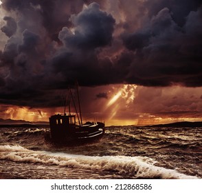 Fishing boat in a stormy sea 
