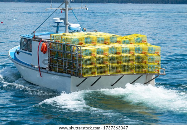 A fishing boat in the waters of Bar Harbor Maine\
has yellow lobster traps staked four high on a full boat ready to\
be placed in the water.