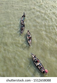 Fishing Boats And Fishermen's Catches Fish In Meghna River.