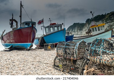 Fishing Boats On Beer Beach, Dorset, England