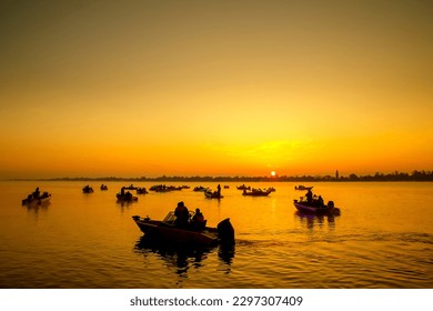 A lot of fishing boats on sunrise before tournament  - Powered by Shutterstock