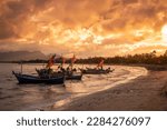 Fishing Boats at the Fishing Village Pak Nam Pran and Beach near the Town of Pranburi and the City of Hua Hin in the Province of Prachuap Khiri Khan in Thailand,  Thailand, Hua Hin, December, 2022