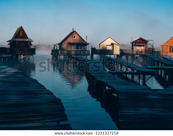 Fishing Cabins On Lake Bokod Hungary Stock Photo Edit Now 1231337218