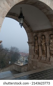 Fishing Castle In Budapest In Foggy Weather. Eastern European Culture, Historical Monuments Of Architecture. History, Architecture Of Hungary