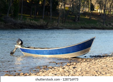 Fishing Drift Boat On The Umpqua River During The Spring Chinook Salmon Run Near Roseburg, Oregon, February 14, 2013