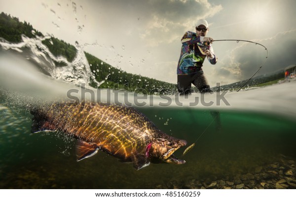 Fishing. Fisherman\
and trout, underwater\
view