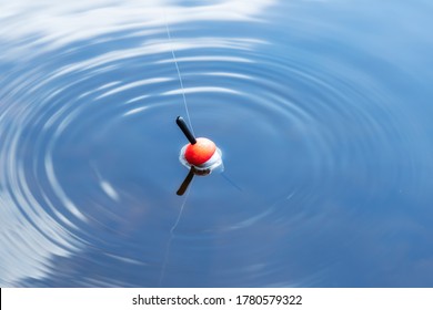 Fishing Float In The Blue Water. A Bobber Floats On The Water Surface Of The Lake Making Circles In The Water. Top View.