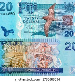 Fishing, Forestry, Sugarcane And Mining Industries Of Fiji. Tree Logs, Fish Processing, Locomotive, Miners. Mount Uluinabukelevu In Kadavu. Portrait From Fiji 20 Dollars 2012  Banknotes. 