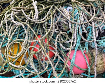 Fishing Gear In The Harbor In The Coastal Village Of Helmsdale In Sutherland On The East Coast Of Scotland.