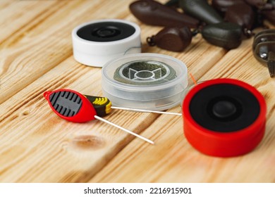 Fishing Gear On Wooden Background Close Up