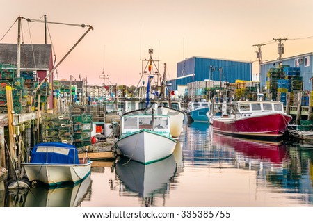 Fishing Harbour with Colourful Boats at Sunset 