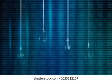 Fishing Hooks Are Hanging On A Background Made Of Binary Codes. Single Hook In Focus Close-up. Movement With The Use Of Computer Technology. Cybercrime