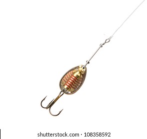 Fishing Lure On Fishing Line. Isolated On White Background