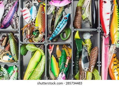 fishing lures and accessories in the box background