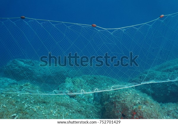 A fishing net\
(gillnet) underwater fixed on the seabed in the Mediterranean sea,\
Costa Brava, Spain