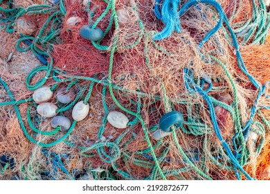 Fishing Net, Top View And Close Up View Of Colorful Fishing Nets,