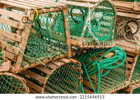 Fishing nets and lobster pots traps, Old Pelican, Avalon Peninsula, Newfoundland, Canada.