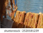 Fishing Nets On The Saronic Island Aegina, Aegean Sea, Greece. Fisherman Equipment  In The Small Harbor.