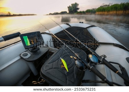 Fishing object background. Bait casting fishing reel end rod.	