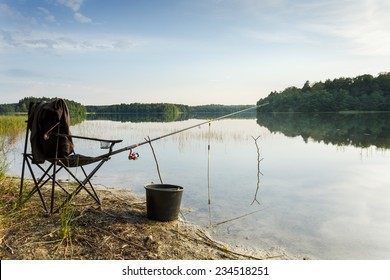 Fishing on Bobiencino lake in north Poland.Pomeranian Voivodeship/Fishing by the lake