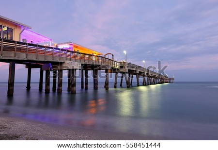 Fishing Peer at Dania Beach after Sunset, Fort Lauderdale, Florida, USA. 