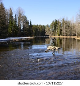 Fishing in river at spring