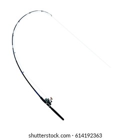 The fishing rod is bent and fully tensed isolated on white background this has clipping path