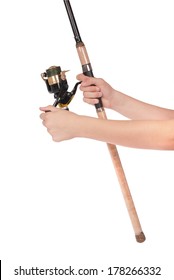 Fishing Rod, Reel In Hands, Isolated Over White Background