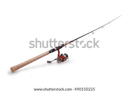 Fishing rod with a reel isolated on white background with soft shadow