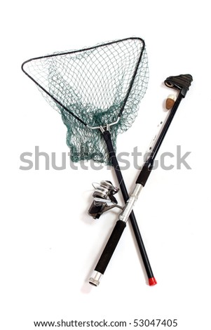 Fishing rod with reels and landing net.