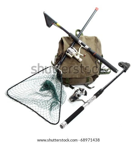 Fishing rods with reels and landing net with a back-pack.