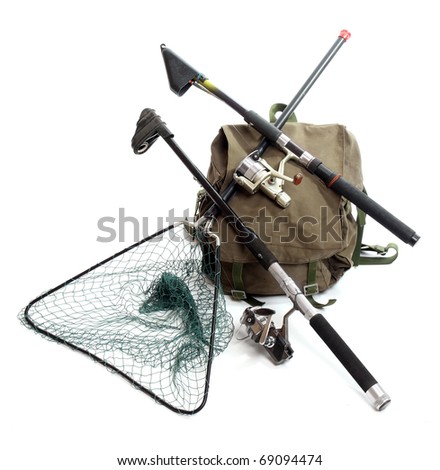 Fishing rods with reels and landing net with a back-pack.
