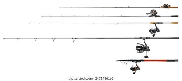 Fishing rods and reels on white background.