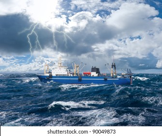 Fishing Ship In Strong Storm Sea