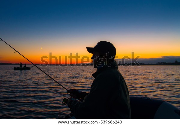 Fishing Silhouette Fisherman On Sunset Background Stock Photo (Edit Now ...