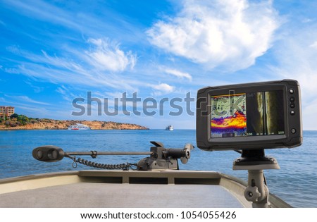Fishing sonar, fish finder, echolot at the boat