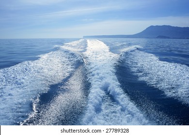 Fishing Speedy Boat Prop Wash, White Wake On The Blue Ocean Sea